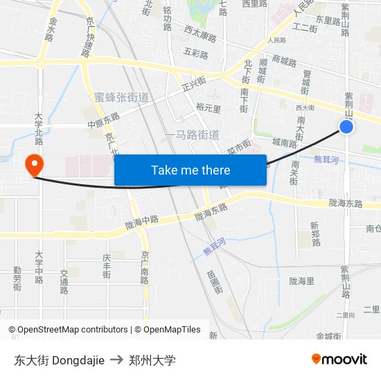 东大街 Dongdajie to 郑州大学 map