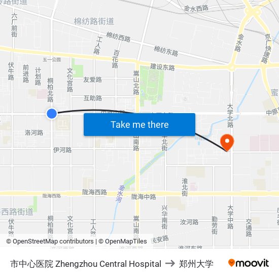 市中心医院 Zhengzhou Central Hospital to 郑州大学 map