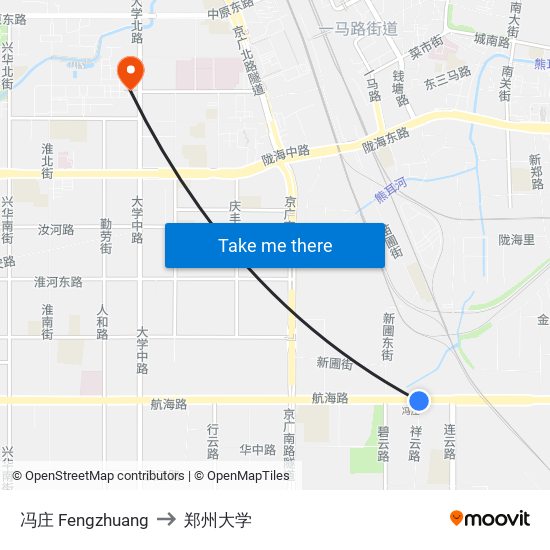 冯庄 Fengzhuang to 郑州大学 map