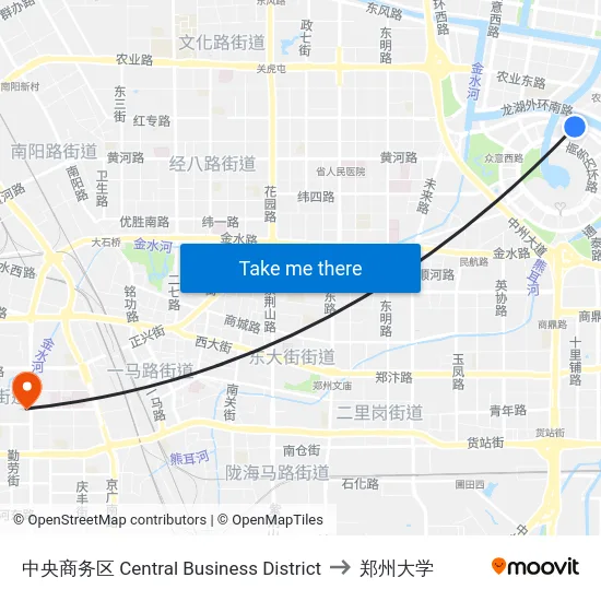 中央商务区 Central Business District to 郑州大学 map
