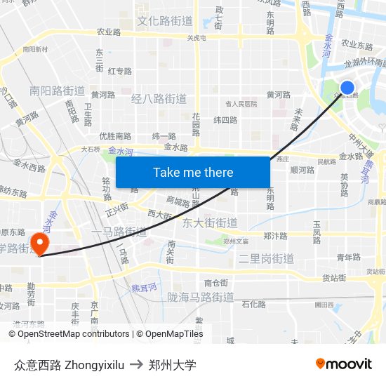 众意西路 Zhongyixilu to 郑州大学 map