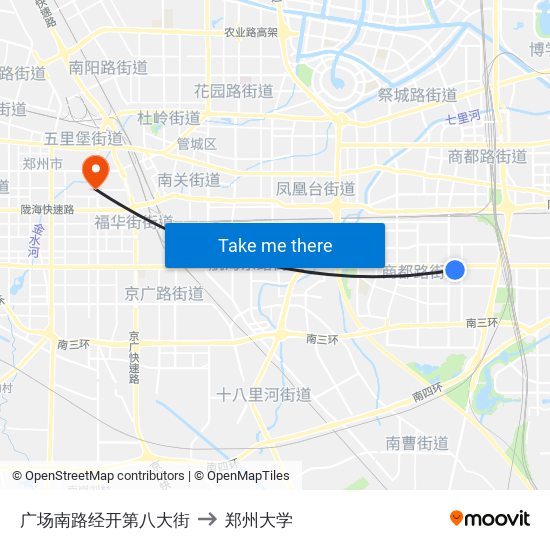 广场南路经开第八大街 to 郑州大学 map