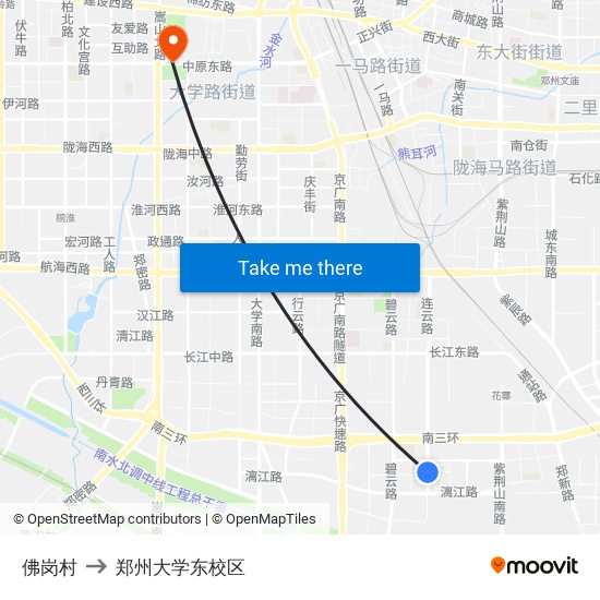 佛岗村 to 郑州大学东校区 map