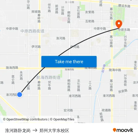 淮河路卧龙岗 to 郑州大学东校区 map