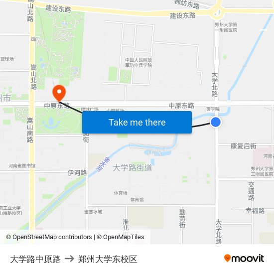 大学路中原路 to 郑州大学东校区 map