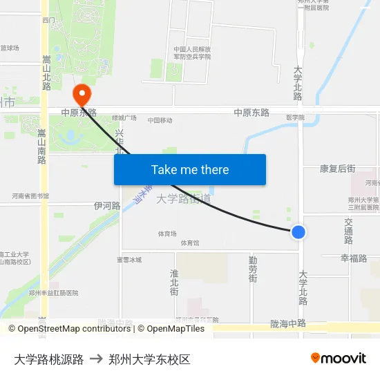 大学路桃源路 to 郑州大学东校区 map