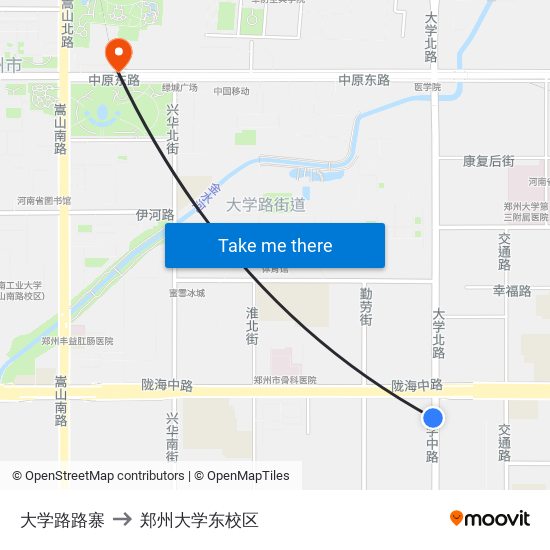 大学路路寨 to 郑州大学东校区 map