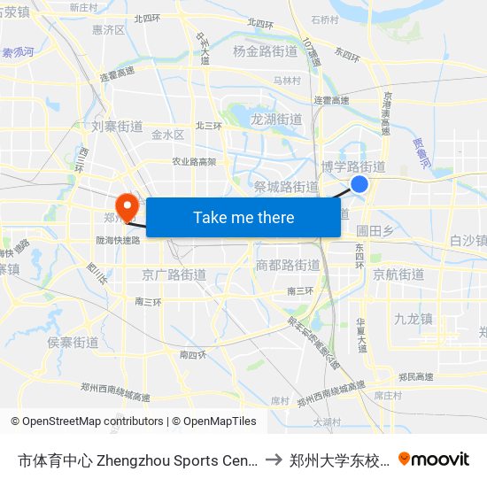 市体育中心 Zhengzhou Sports Center to 郑州大学东校区 map