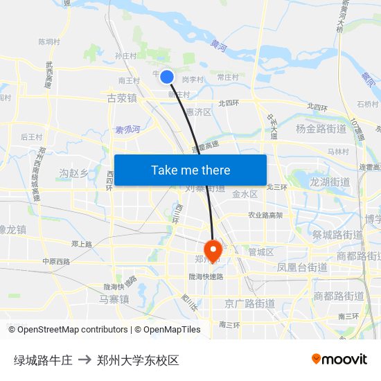 绿城路牛庄 to 郑州大学东校区 map