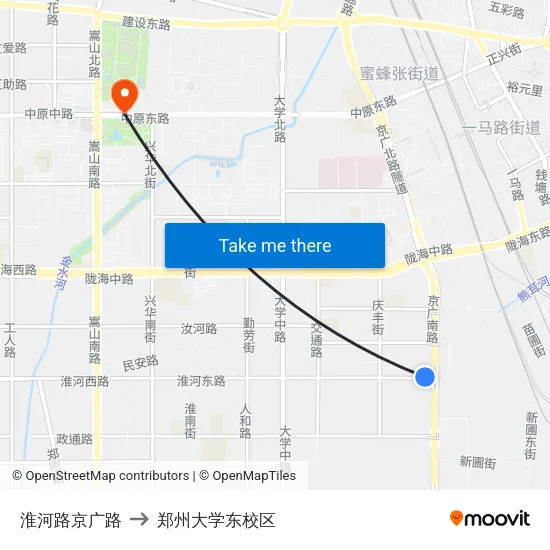 淮河路京广路 to 郑州大学东校区 map