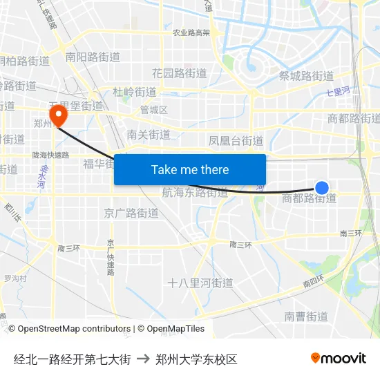 经北一路经开第七大街 to 郑州大学东校区 map