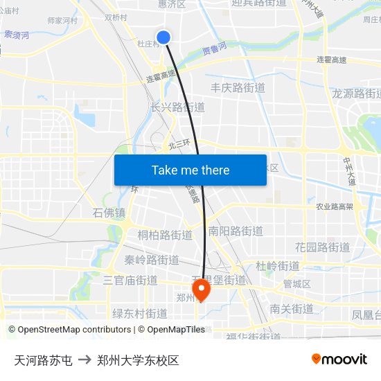 天河路苏屯 to 郑州大学东校区 map