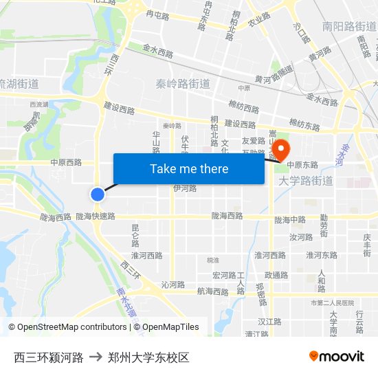 西三环颍河路 to 郑州大学东校区 map