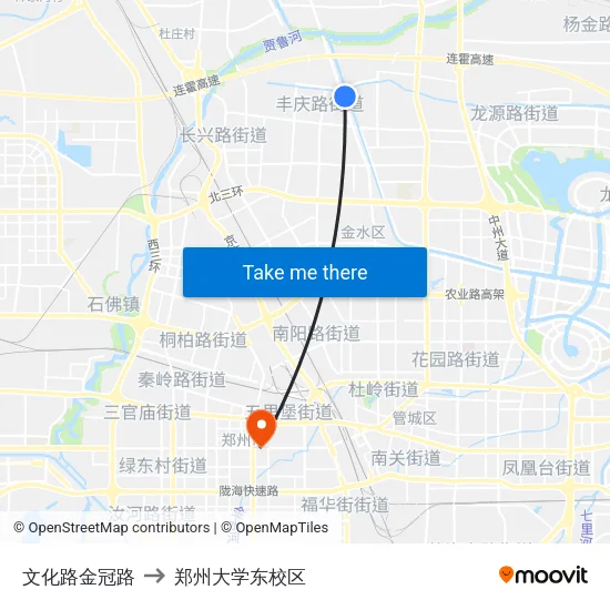 文化路金冠路 to 郑州大学东校区 map