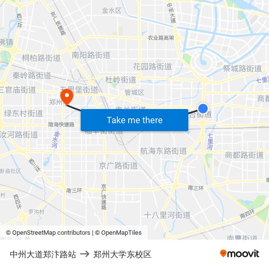 中州大道郑汴路站 to 郑州大学东校区 map