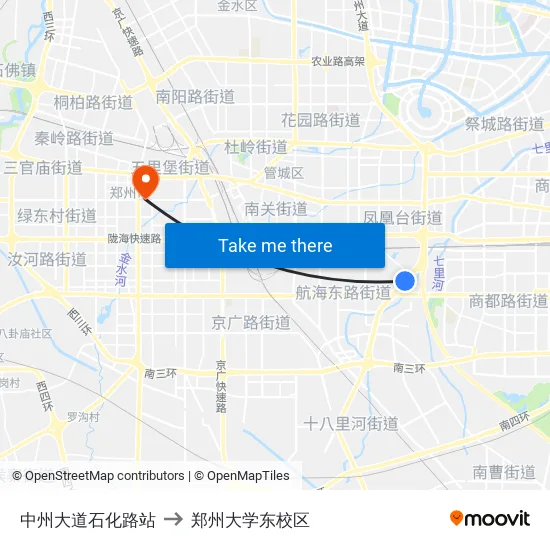 中州大道石化路站 to 郑州大学东校区 map