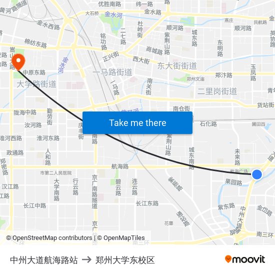 中州大道航海路站 to 郑州大学东校区 map