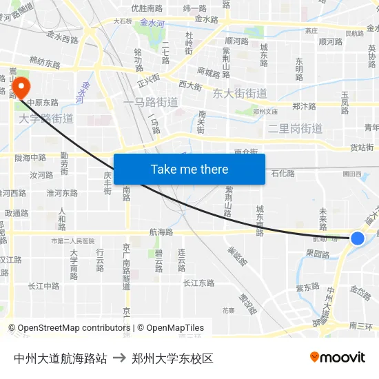 中州大道航海路站 to 郑州大学东校区 map