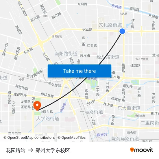 花园路站 to 郑州大学东校区 map