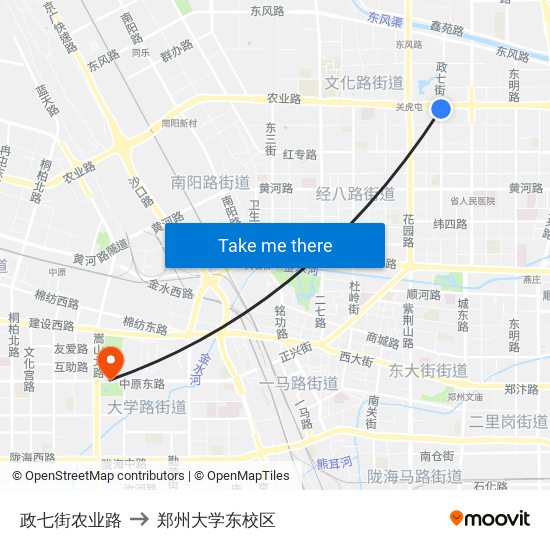 政七街农业路 to 郑州大学东校区 map