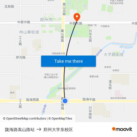 陇海路嵩山路站 to 郑州大学东校区 map