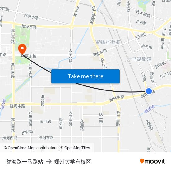 陇海路一马路站 to 郑州大学东校区 map