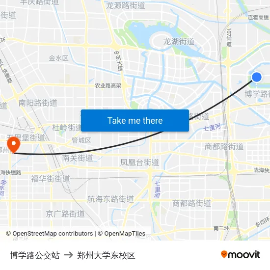 博学路公交站 to 郑州大学东校区 map