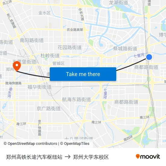 郑州高铁长途汽车枢纽站 to 郑州大学东校区 map