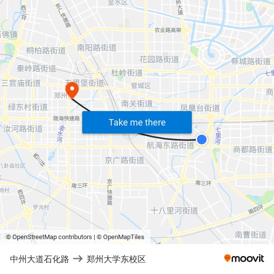 中州大道石化路 to 郑州大学东校区 map