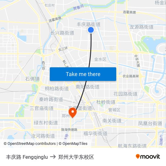 丰庆路 Fengqinglu to 郑州大学东校区 map