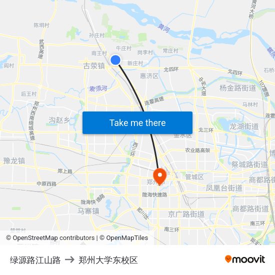 绿源路江山路 to 郑州大学东校区 map