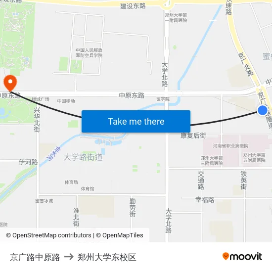 京广路中原路 to 郑州大学东校区 map