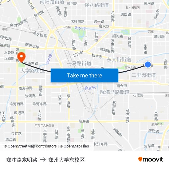 郑汴路东明路 to 郑州大学东校区 map