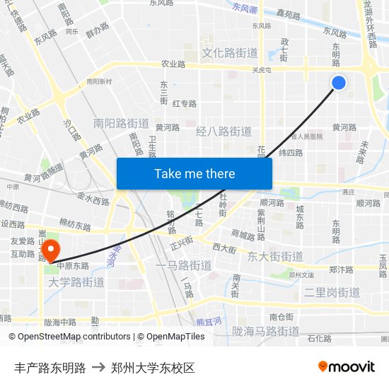 丰产路东明路 to 郑州大学东校区 map