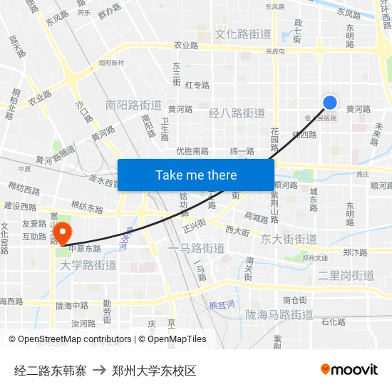 经二路东韩寨 to 郑州大学东校区 map
