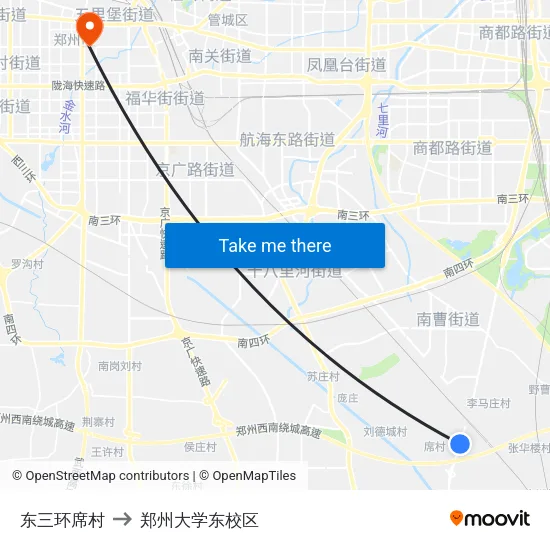 东三环席村 to 郑州大学东校区 map