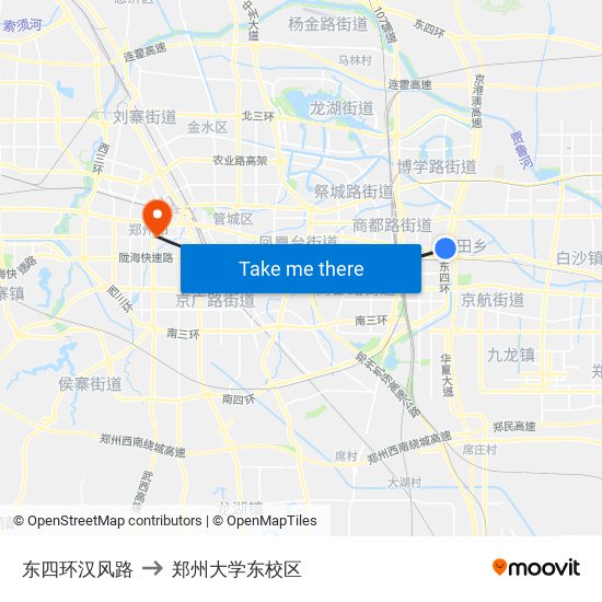 东四环汉风路 to 郑州大学东校区 map