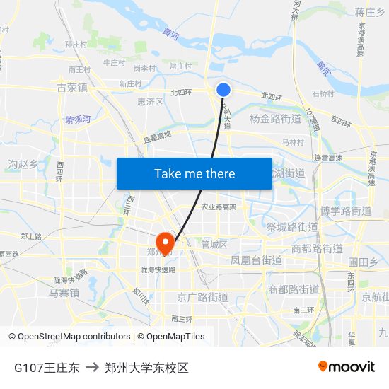 G107王庄东 to 郑州大学东校区 map