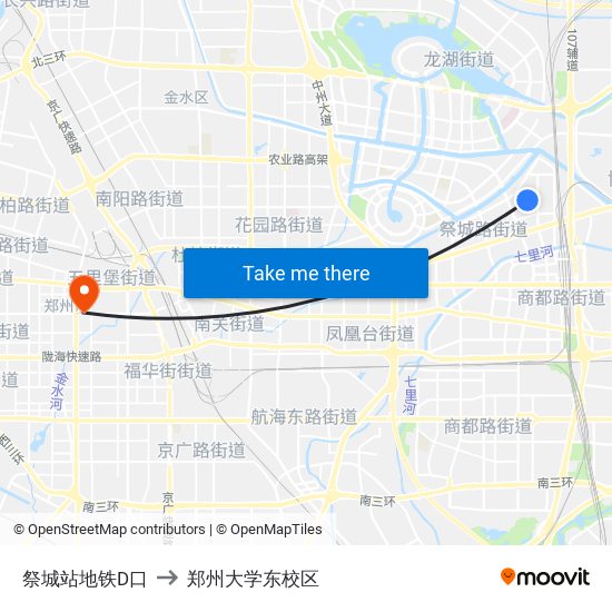 祭城站地铁D口 to 郑州大学东校区 map