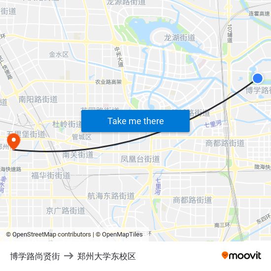 博学路尚贤街 to 郑州大学东校区 map