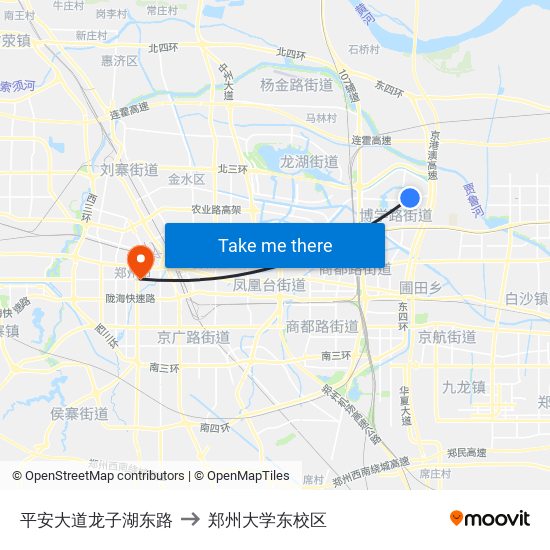 平安大道龙子湖东路 to 郑州大学东校区 map