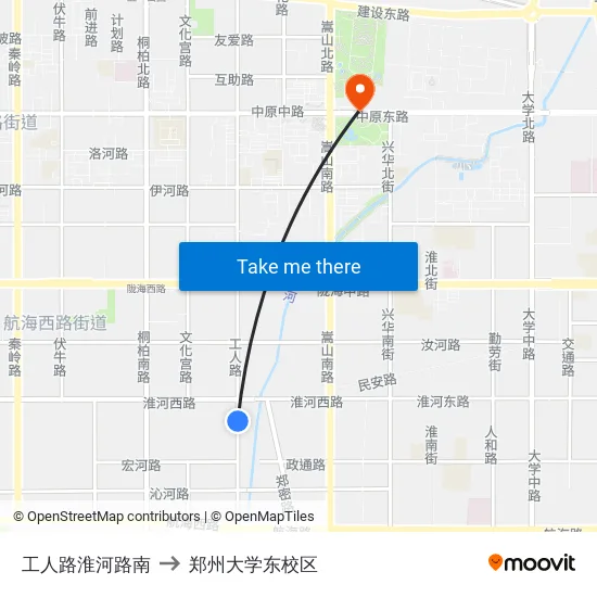 工人路淮河路南 to 郑州大学东校区 map