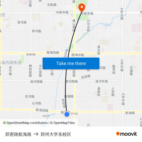 郑密路航海路 to 郑州大学东校区 map