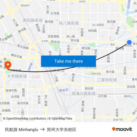 民航路 Minhanglu to 郑州大学东校区 map