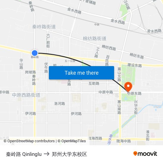 秦岭路 Qinlinglu to 郑州大学东校区 map