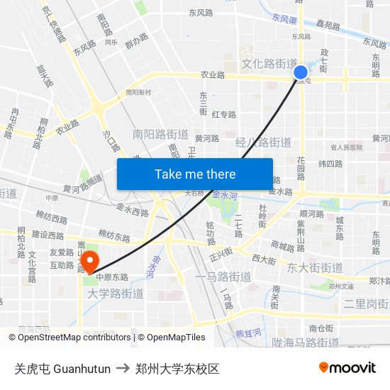 关虎屯 Guanhutun to 郑州大学东校区 map