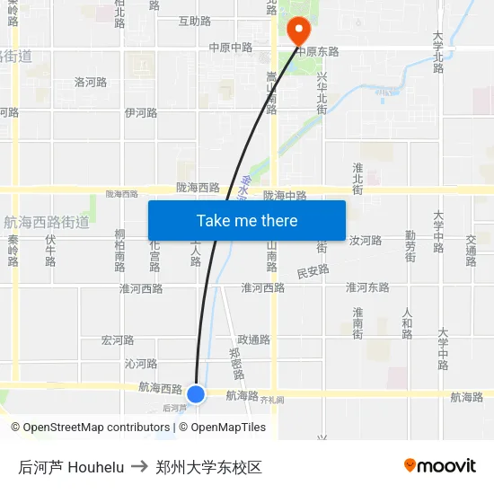 后河芦 Houhelu to 郑州大学东校区 map