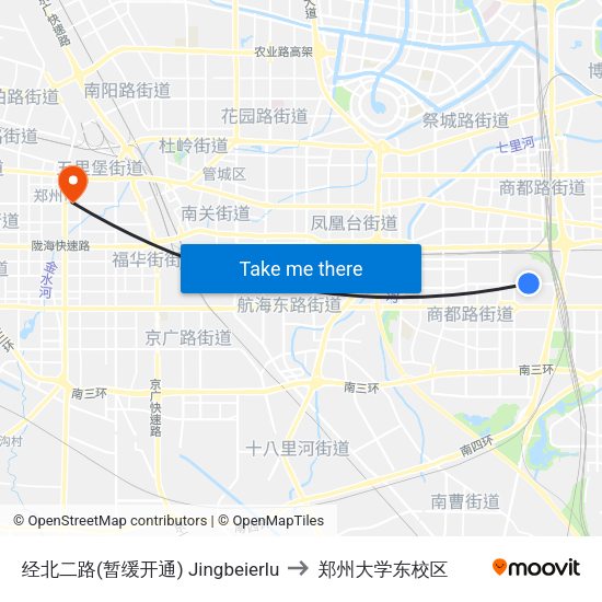 经北二路(暂缓开通) Jingbeierlu to 郑州大学东校区 map