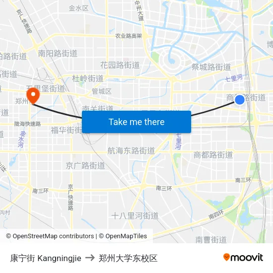 康宁街 Kangningjie to 郑州大学东校区 map