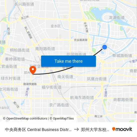 中央商务区 Central Business District to 郑州大学东校区 map
